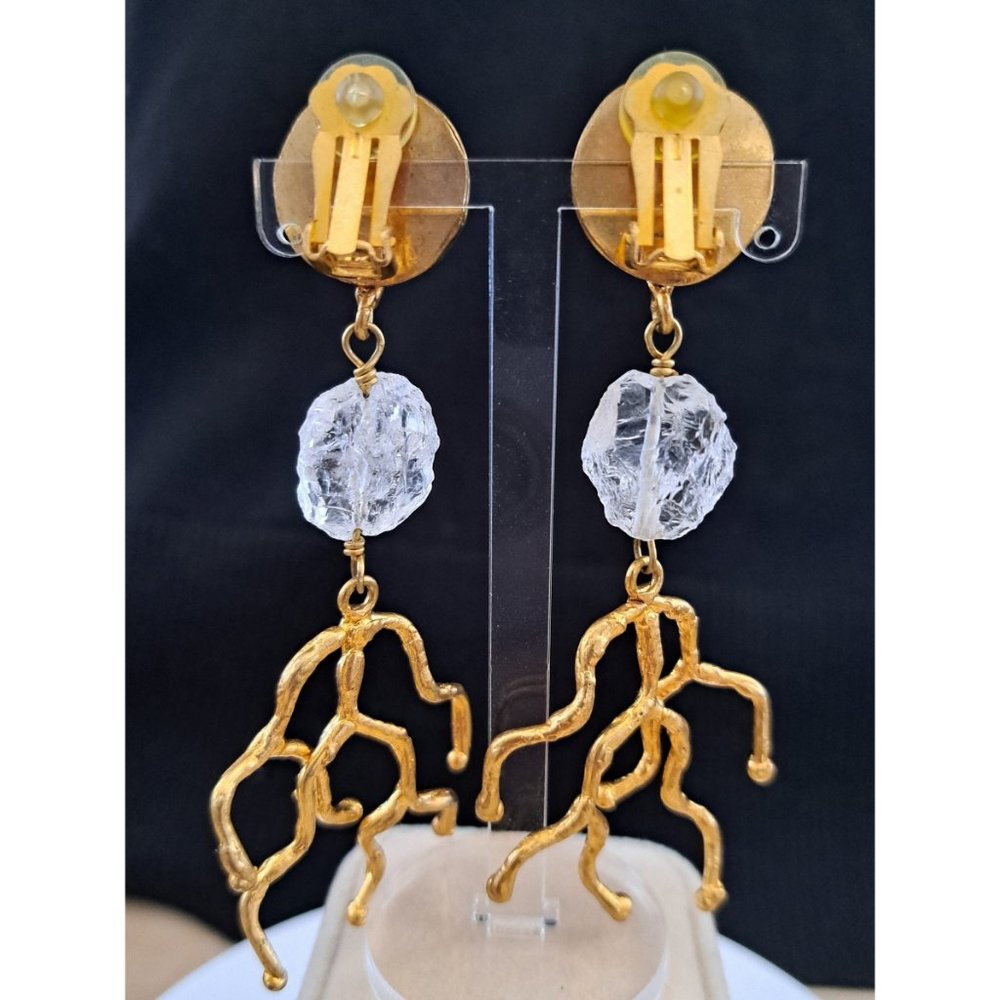 Molten Gold Tone Nugget Clear Rock Crystal and Coral/ Branch Clip Earrings - Picture 2 of 9